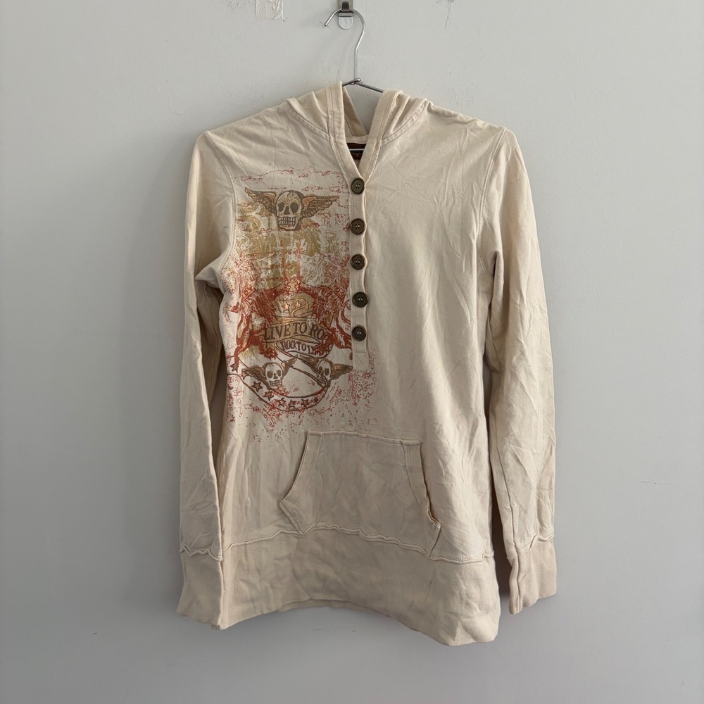 Daytrip Womens XL Henley Hoodie Cream Graphic Skull Rock Live To Ride Y2K